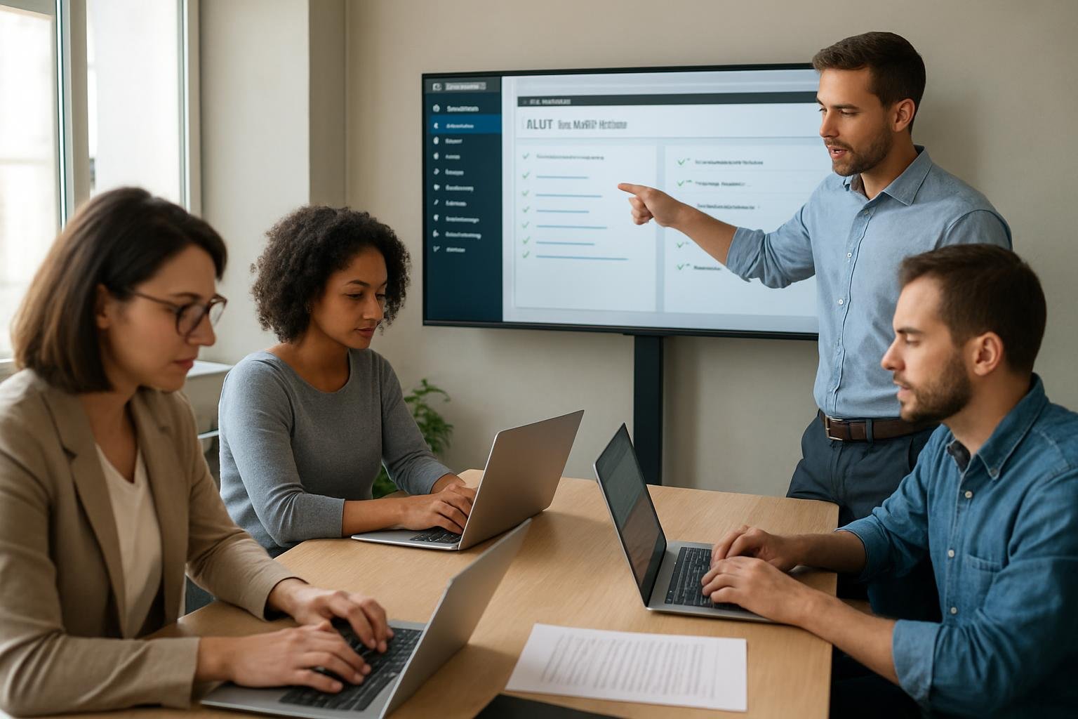 Content team reviewing SEO checklist and WordPress publishing workflow