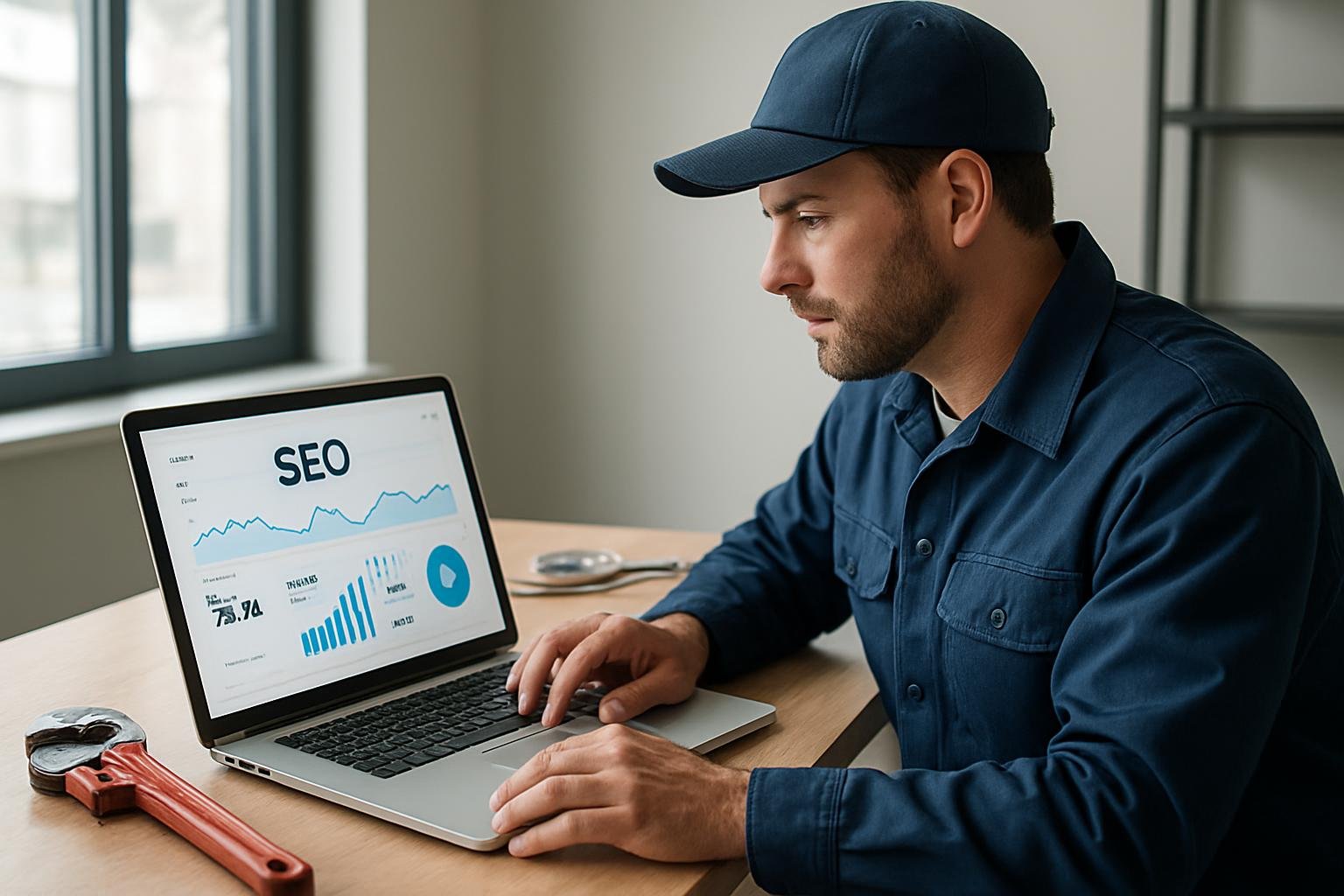 HVAC technician analyzing SEO data on laptop in office